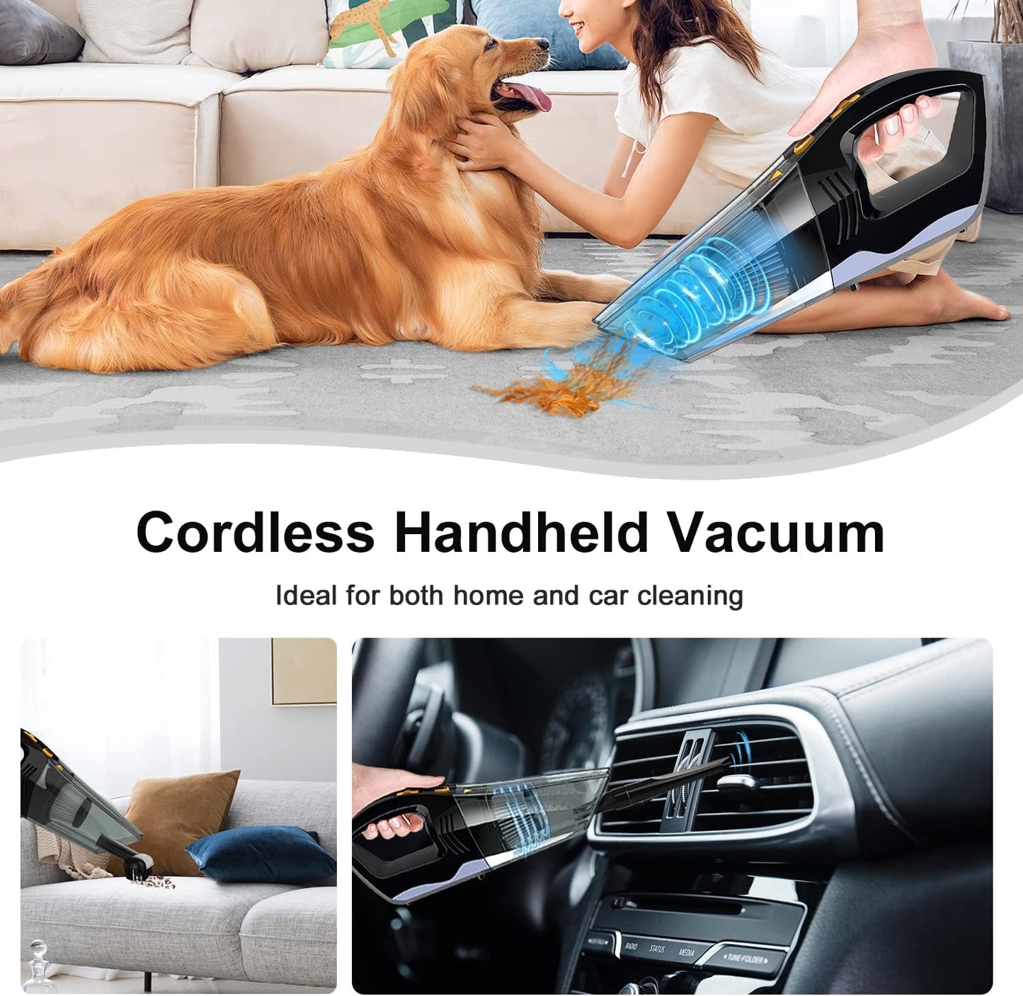 Handheld Vacuum Cordless,High Power 120W/8000Pa, Hand Vacuum Cordless Rechargeable for Home & Office,Car Vacuum (Black)