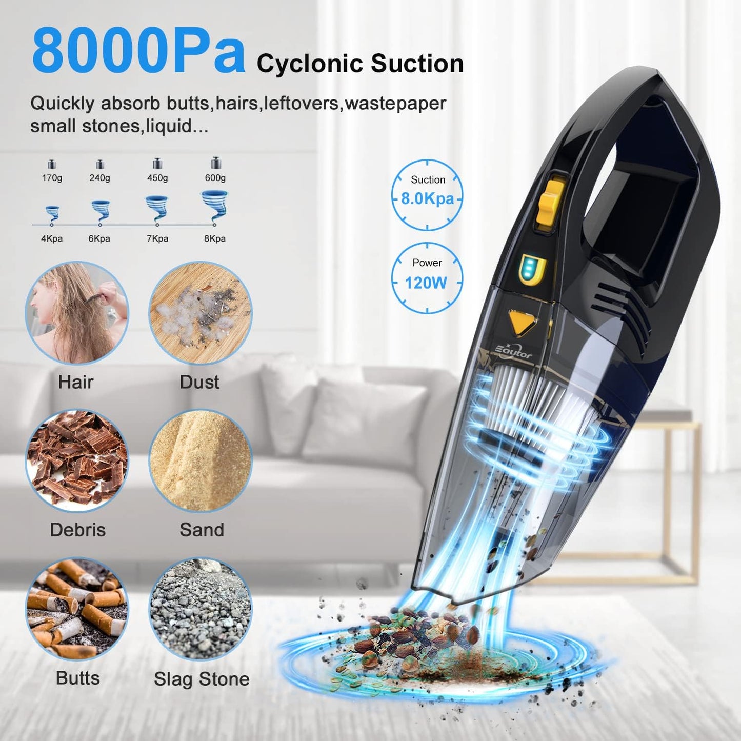 Handheld Vacuum Cordless,High Power 120W/8000Pa, Hand Vacuum Cordless Rechargeable for Home & Office,Car Vacuum (Black)