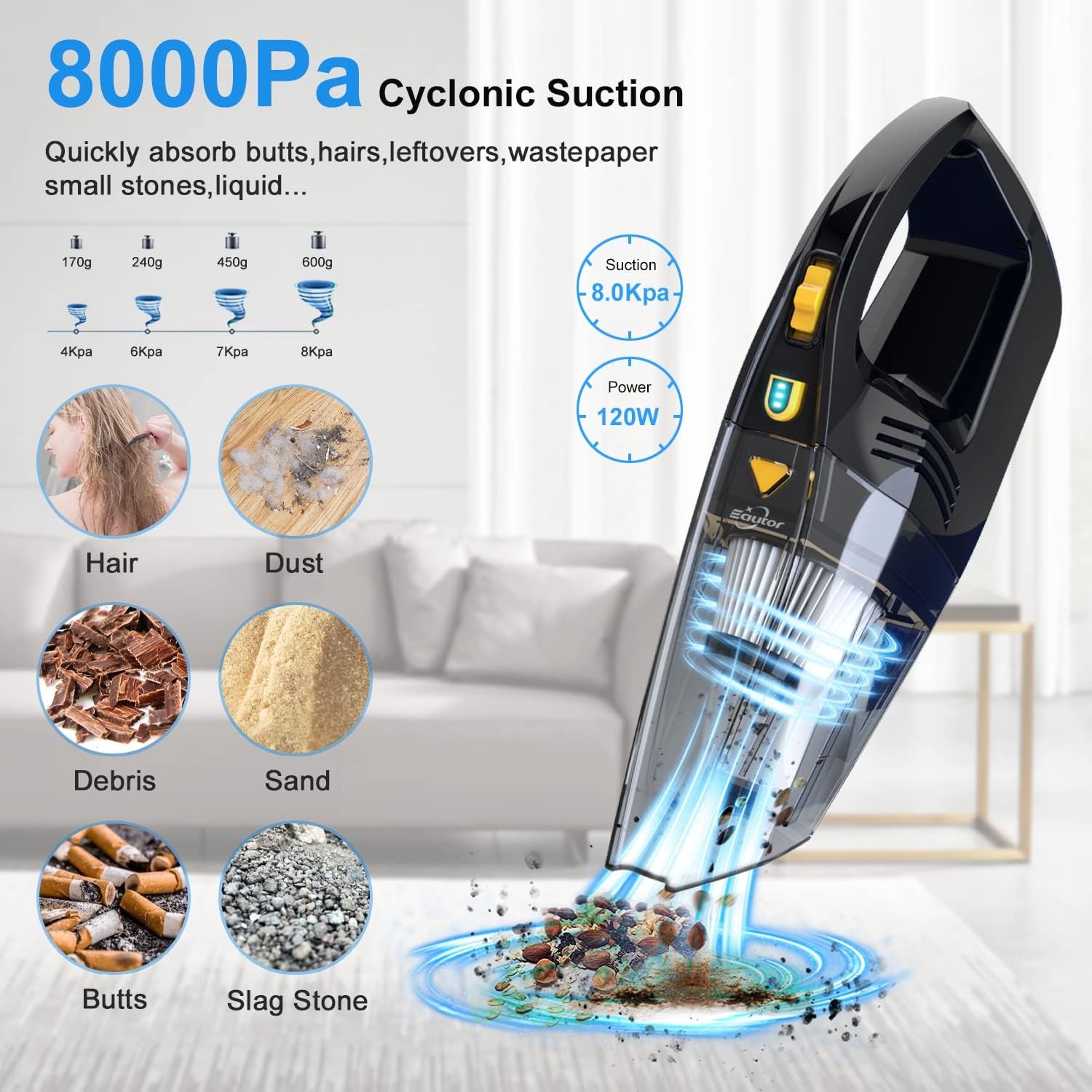 Handheld Vacuum Cordless,High Power 120W/8000Pa, Hand Vacuum Cordless Rechargeable for Home & Office,Car Vacuum (Black)